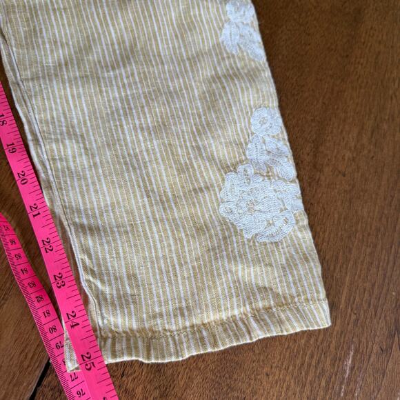 Anthropologie 100% Linen Yellow Stripe Floral Embroidered Pants Sz Sml Boho - Picture 13 of 15